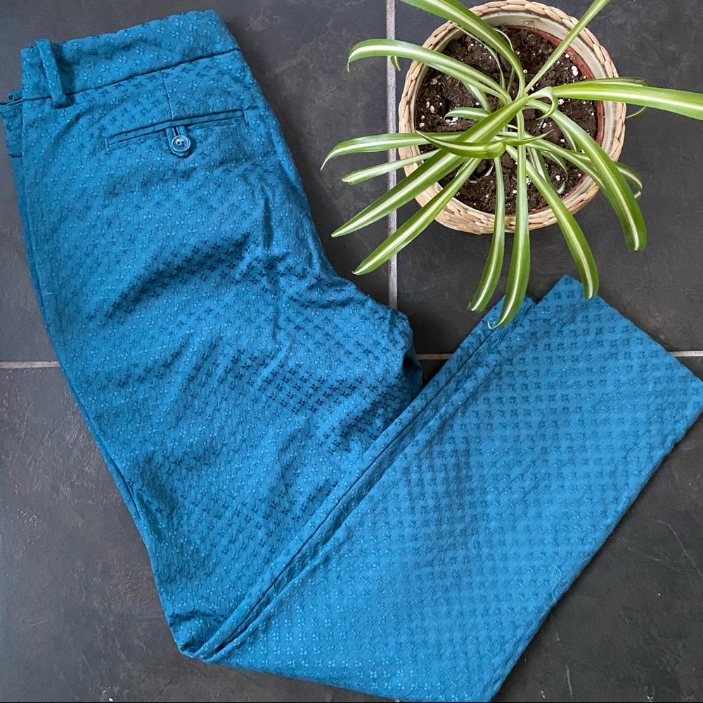 Patterned dark teal trousers
